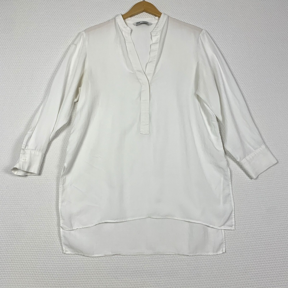 Zara White Lagenlook Tunic Shirt Blouse Womens Medium M Coastal Boho Sheer